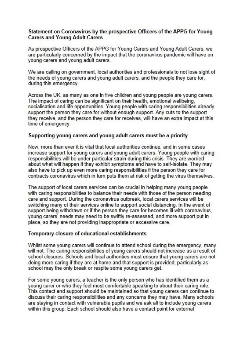 Page 1 of statement supporting carers and young carers