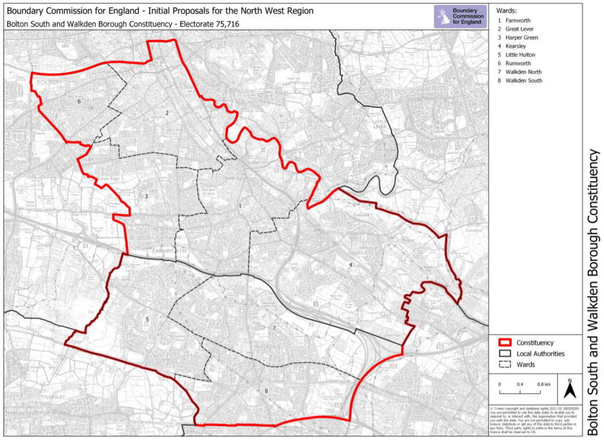 Map showing the proposed Bolton South and Walkden constituency