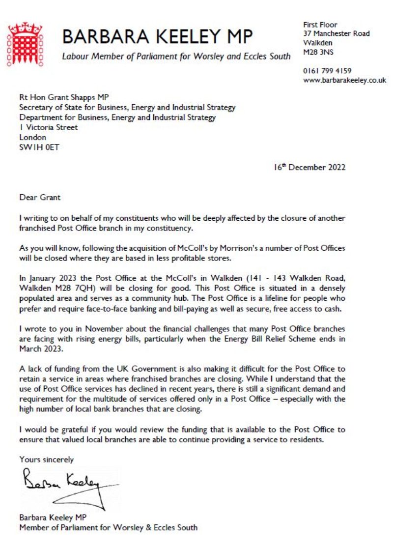 Letter to Grant Shapps MP from Barbara Keeley MP about financial support for Post Offices